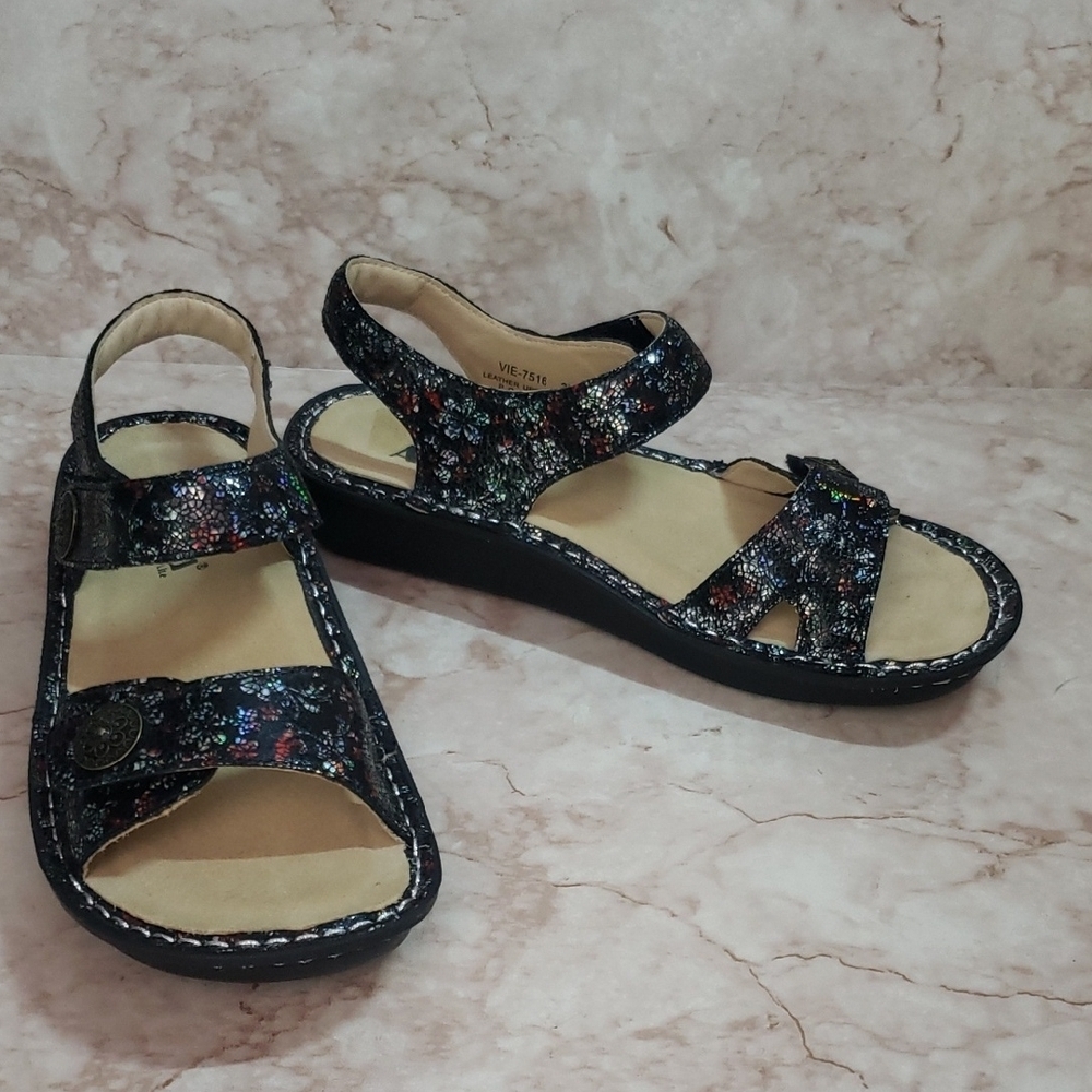 Alegria Ankle Strap Women's Black Multi-Color Floral Sandals Size 37 New